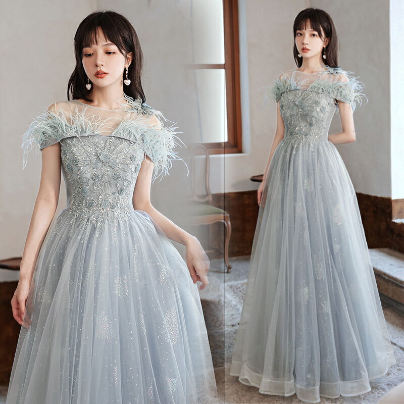 カラードレス 編み上げ パーティードレス フォーマルドレス ロングドレス グレー フェザー 結婚式 二次会 発表会 ウェディングドレス ウエディングドレス お洒落 ゲストドレス コンサート コンクール プリンセスドレス イブニングドレス 演奏会 披露宴 Aラインドレス