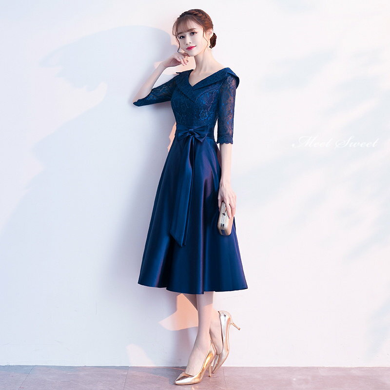 カラードレス ネイビー ワインレッド ファスナー パーティードレス フォーマルドレス ミディアムドレス 結婚式 二次会 披露宴 発表会 演奏会 赤 Vネック 5分袖 ゲストドレス ウェディングドレス カクテルドレス ブライダル お呼ばれドレス セレモニー ワンピース