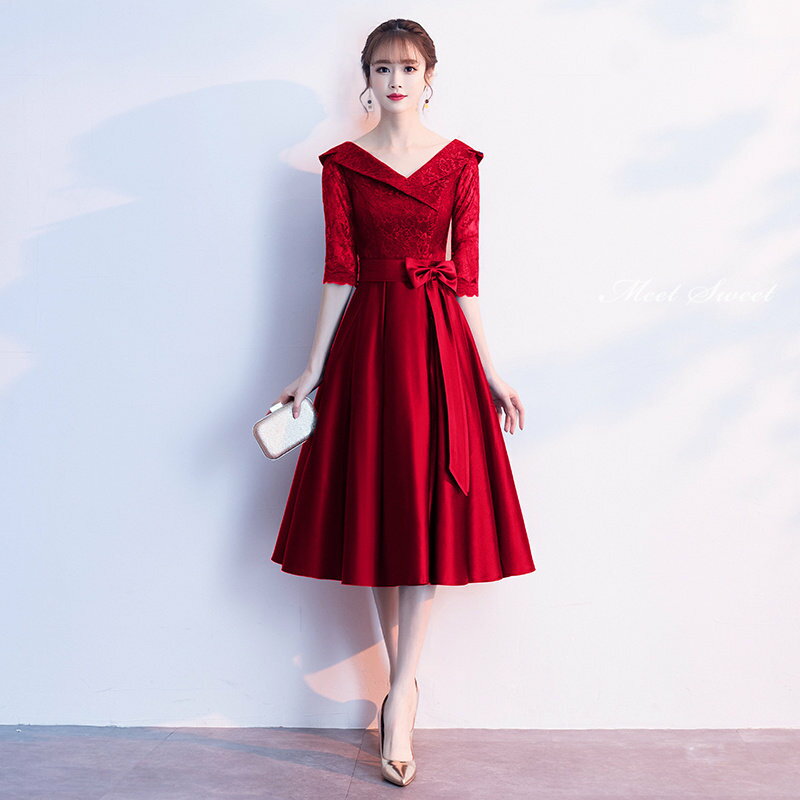 カラードレス ネイビー ワインレッド ファスナー パーティードレス フォーマルドレス ミディアムドレス 結婚式 二次会 披露宴 発表会 演奏会 赤 Vネック 5分袖 ゲストドレス ウェディングドレス カクテルドレス ブライダル お呼ばれドレス セレモニー ワンピース