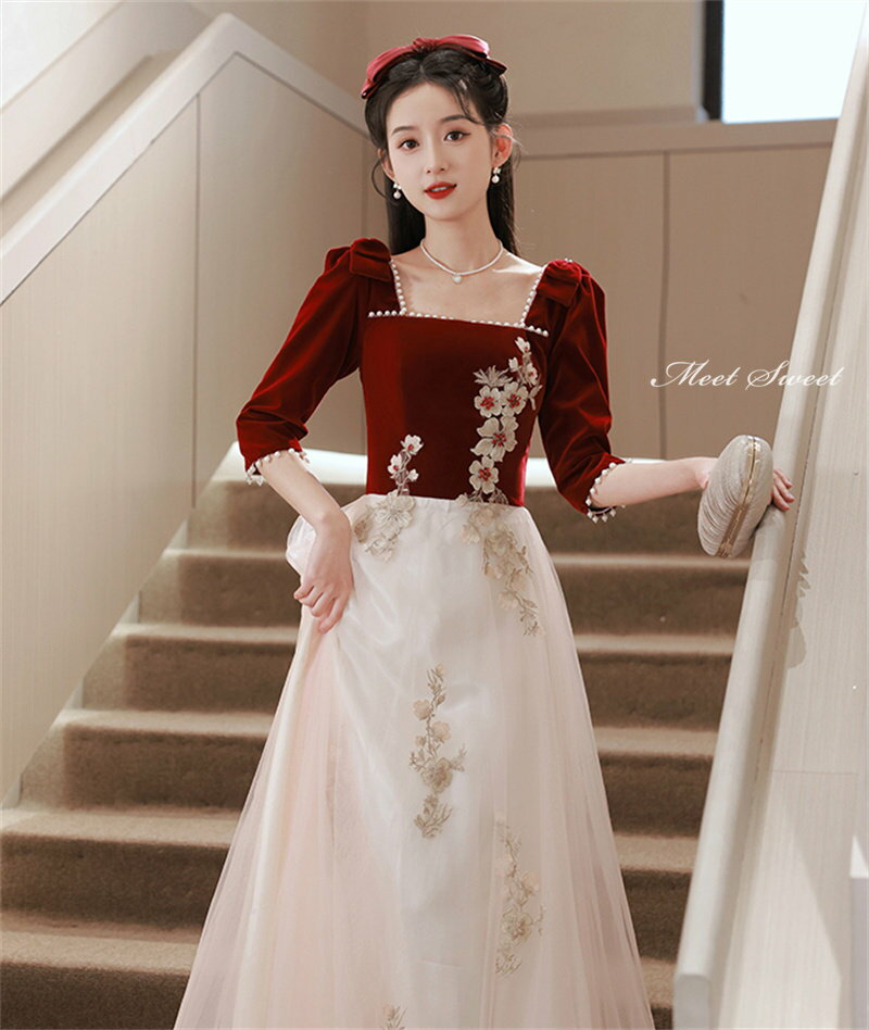 カラードレス ファスナー パーティードレス フォーマルドレス ロングドレス 5分袖 結婚式 二次会 発表会 スクエアネック ワインレッド シャンパン パール 切替 ゲストドレス ウェディングドレス ウエディングドレス イブニングドレス 演奏会 披露宴 Aラインドレス