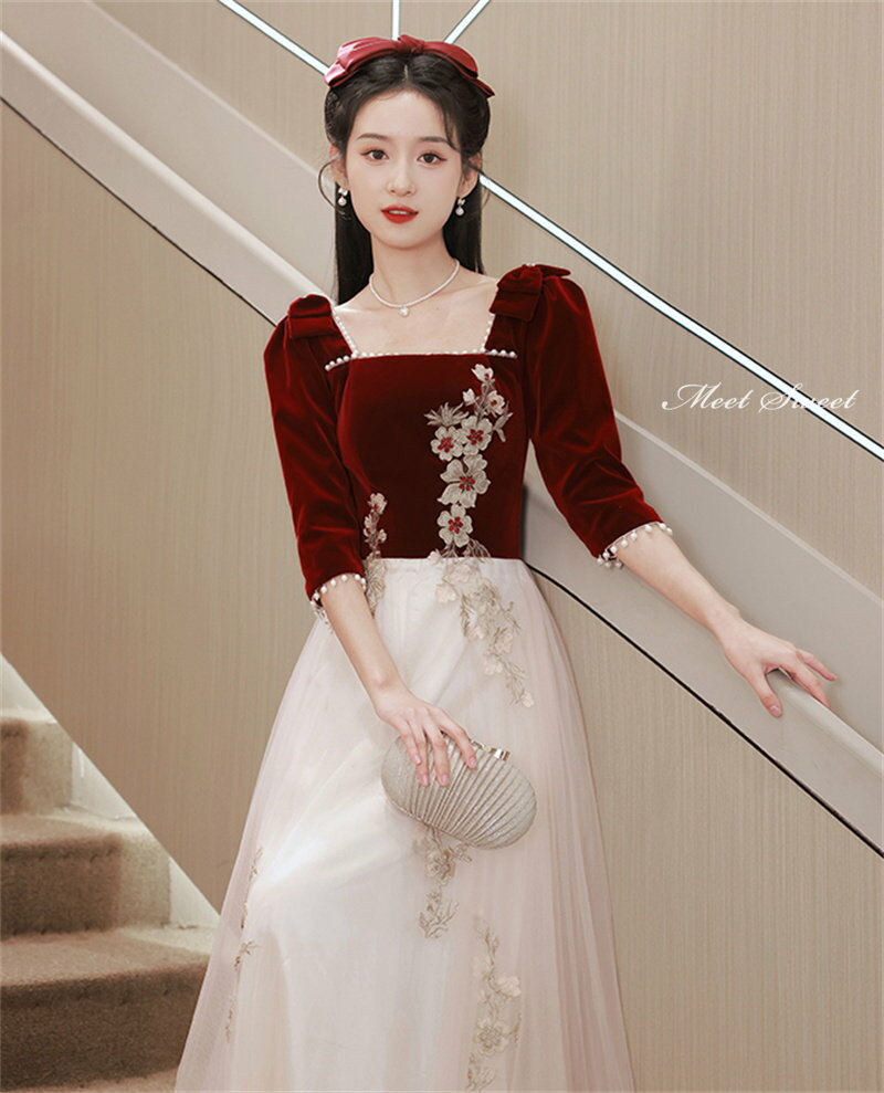 カラードレス ファスナー パーティードレス フォーマルドレス ロングドレス 5分袖 結婚式 二次会 発表会 スクエアネック ワインレッド シャンパン パール 切替 ゲストドレス ウェディングドレス ウエディングドレス イブニングドレス 演奏会 披露宴 Aラインドレス