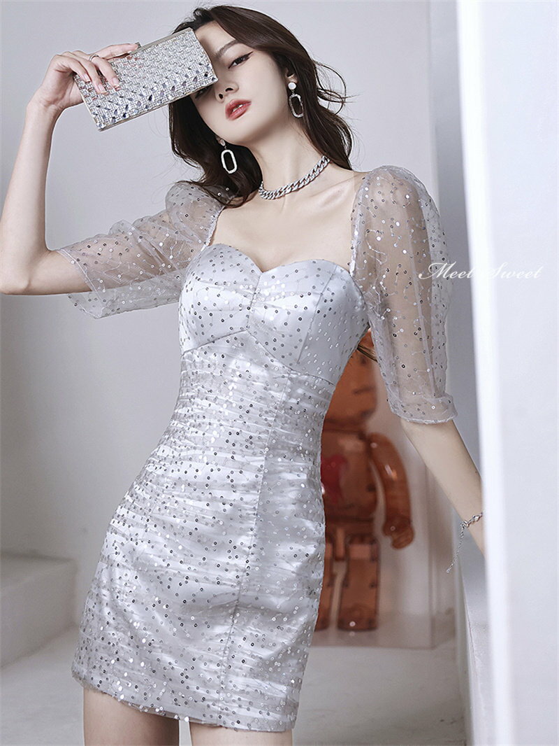 カラードレス ファスナー パーティードレス フォーマルドレス ミディアムドレス グレー シルバー 袖あり 結婚式 二次会 披露宴 発表会 演奏会 イブニングドレス ゲストドレス ウェディングドレス カクテルドレス ブライダル ミニドレス スパンコール ドット ワンピース