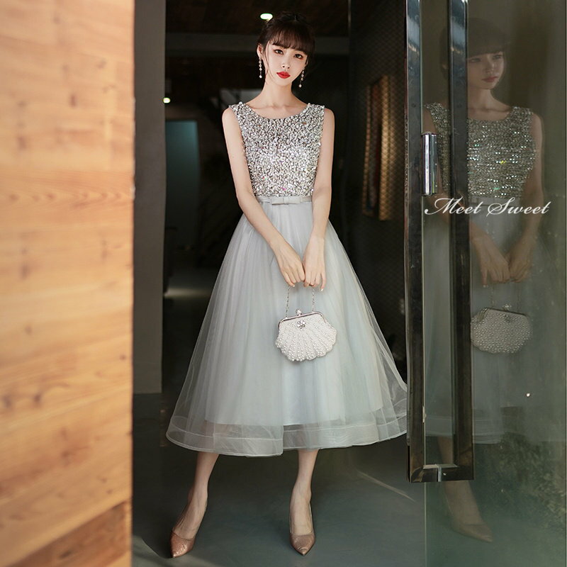 【マラソンP2倍×最大2000円クーポン 10/17 9:59まで】カラードレス ファスナー パーティードレス フォーマルドレス ミディアムドレス グレー スパンコール ノースリーブ 結婚式 二次会 披露宴 発表会 演奏会 袖なし ゲストドレス ウェディングドレス カクテルドレス