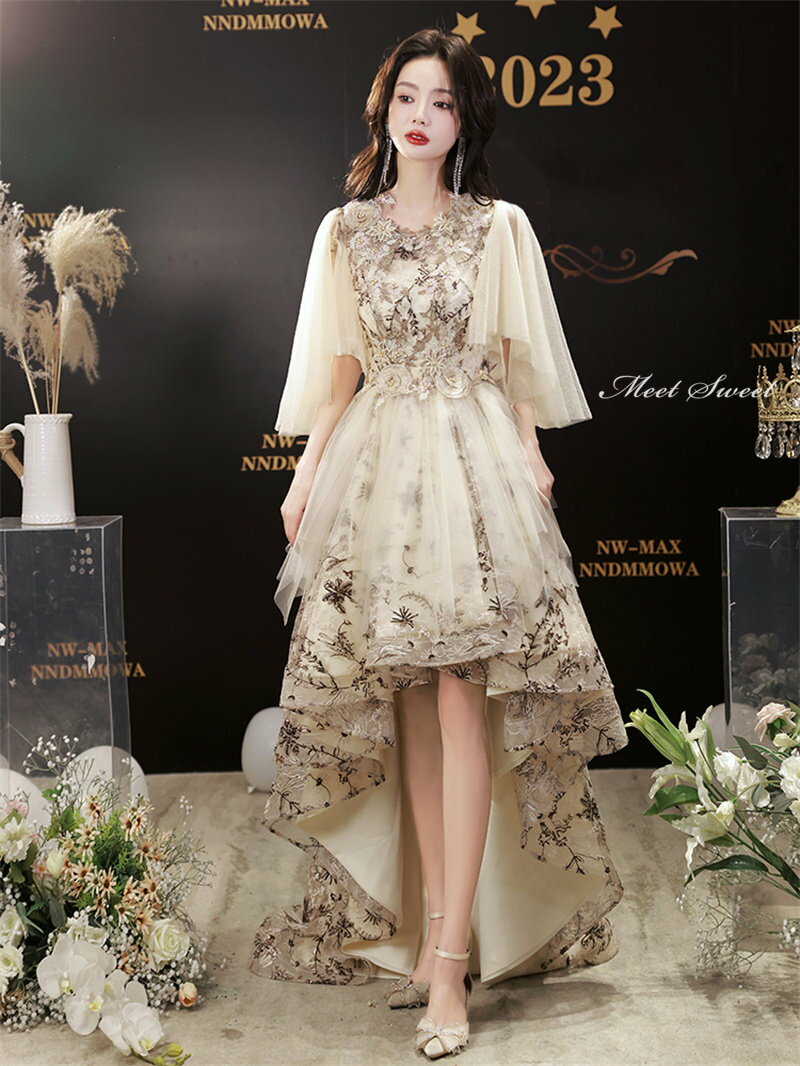 カラードレス ファスナー パーティードレス フォーマルドレス 前短後長 フィッシュテールドレス 花柄 シャンパン 結婚式 二次会 発表会 花嫁 ウエディングドレス ゲストドレス トレーン ブライダル ウエディングドレス イブニングドレス 演奏会 披露宴 ロングドレス