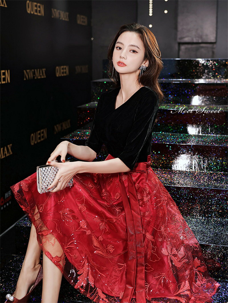 ドレス レディース 黒 ベロア Aライン イブニングドレス パーティードレス 披露宴ドレス お色直し 花嫁 新婦 演奏会 発表会 司会 ロング丈 五分袖 ハイウエスト