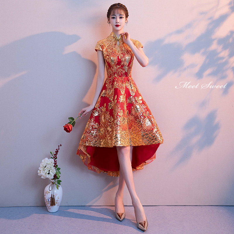 カラードレス ファスナー パーティードレス ミニドレス 半袖 前短後長 フィッシュテールドレス レッド ゴールド 刺繍 結婚式 二次会 発表会 チャイナ風 演奏会 ゲストドレス ウェディングドレス ウエディングドレス イブニングドレス 披露宴 ミディアムドレス 中国風