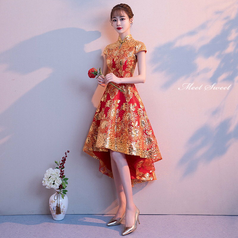 カラードレス ファスナー パーティードレス ミニドレス 半袖 前短後長 フィッシュテールドレス レッド ゴールド 刺繍 結婚式 二次会 発表会 チャイナ風 演奏会 ゲストドレス ウェディングドレス ウエディングドレス イブニングドレス 披露宴 ミディアムドレス 中国風