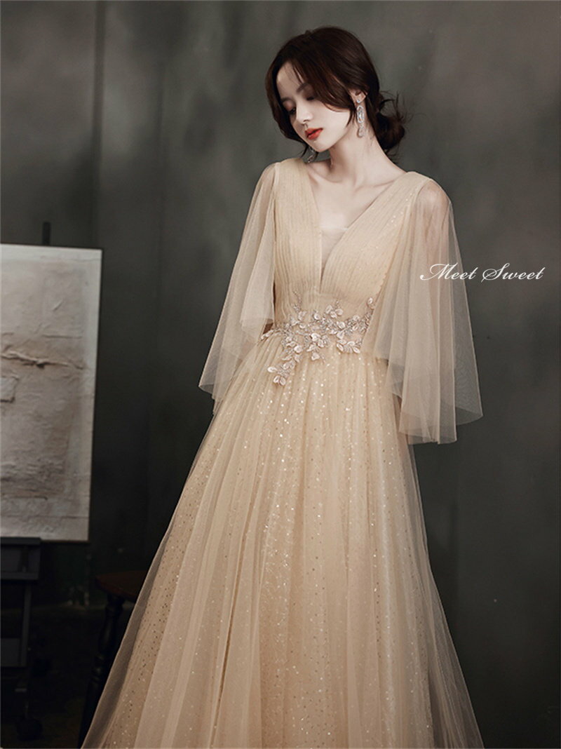 カラードレス ファスナー パーティードレス フォーマルドレス ロングドレス シャンパン ハンカチスリーブ 結婚式 二次会 発表会 Vバック スパンコール チュール ゲストドレス ウェディングドレス ウエディングドレス イブニングドレス 演奏会 披露宴 Aラインドレス