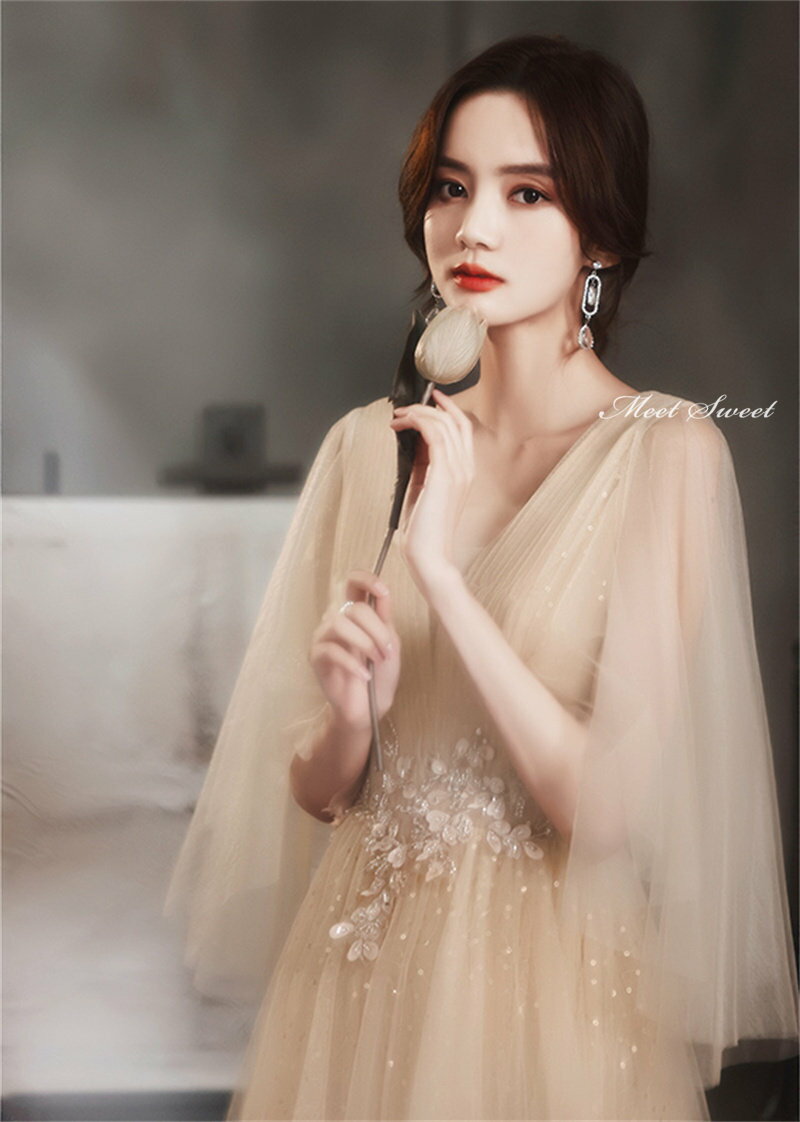 カラードレス ファスナー パーティードレス フォーマルドレス ロングドレス シャンパン ハンカチスリーブ 結婚式 二次会 発表会 Vバック スパンコール チュール ゲストドレス ウェディングドレス ウエディングドレス イブニングドレス 演奏会 披露宴 Aラインドレス