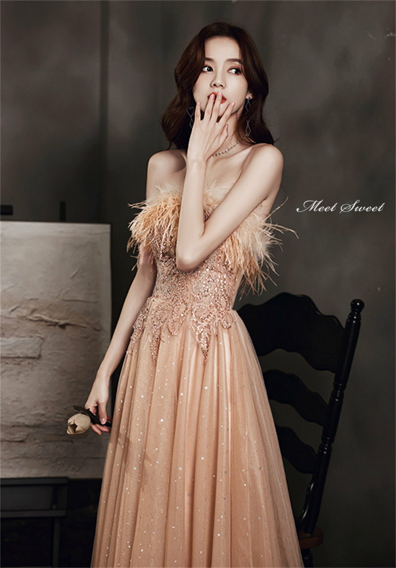 カラードレス 編み上げ パーティードレス フォーマルドレス ロングドレス シャンパン ビスチェ フェザー 結婚式 二次会 発表会 ベアトップ ウェディングドレス ゲストドレス 花嫁 ブライダル 羽毛 ウエディングドレス イブニングドレス 演奏会 披露宴 Aラインドレス