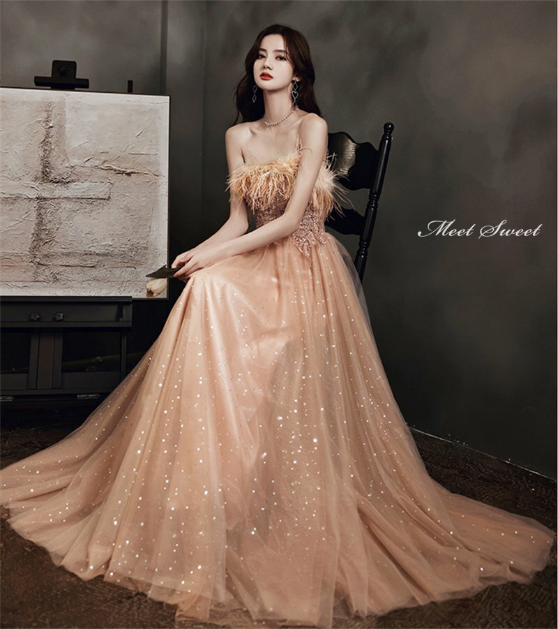 カラードレス 編み上げ パーティードレス フォーマルドレス ロングドレス シャンパン ビスチェ フェザー 結婚式 二次会 発表会 ベアトップ ウェディングドレス ゲストドレス 花嫁 ブライダル 羽毛 ウエディングドレス イブニングドレス 演奏会 披露宴 Aラインドレス