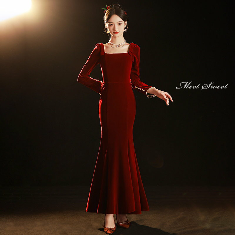 カラードレス ファスナー パーティードレス フォーマルドレス ロングドレス 長袖 マーメイドドレス ベルベット スクエアネック 結婚式 二次会 発表会 ミモレ丈 ゲストドレス ウェディングドレス ウエディングドレス イブニングドレス 演奏会 披露宴 スレンダードレス