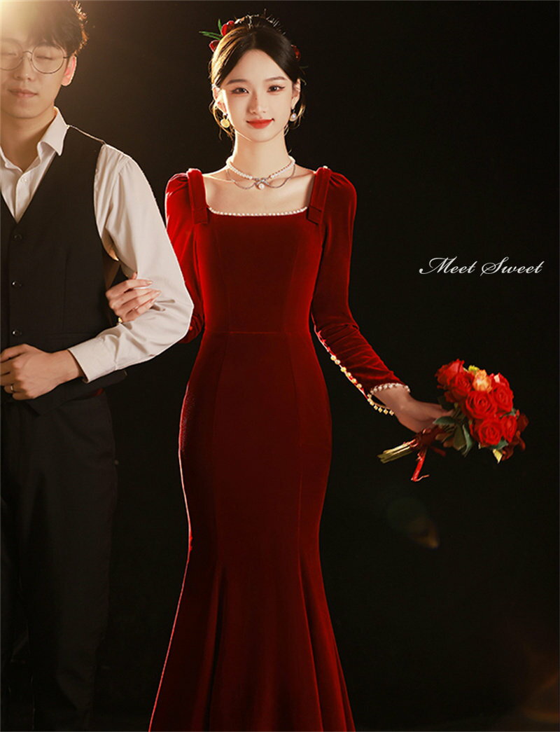 カラードレス ファスナー パーティードレス フォーマルドレス ロングドレス 長袖 マーメイドドレス ベルベット スクエアネック 結婚式 二次会 発表会 ミモレ丈 ゲストドレス ウェディングドレス ウエディングドレス イブニングドレス 演奏会 披露宴 スレンダードレス