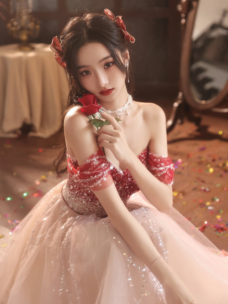 カラードレス 編み上げ パーティードレス オフショルダー ロングドレス レッド シャンパン グラデーション 結婚式 二次会 発表会 花嫁 上品 ウェディングドレス ゲストドレス フォーマルドレス ウエディングドレス イブニングドレス 演奏会 赤 披露宴 Aラインドレス