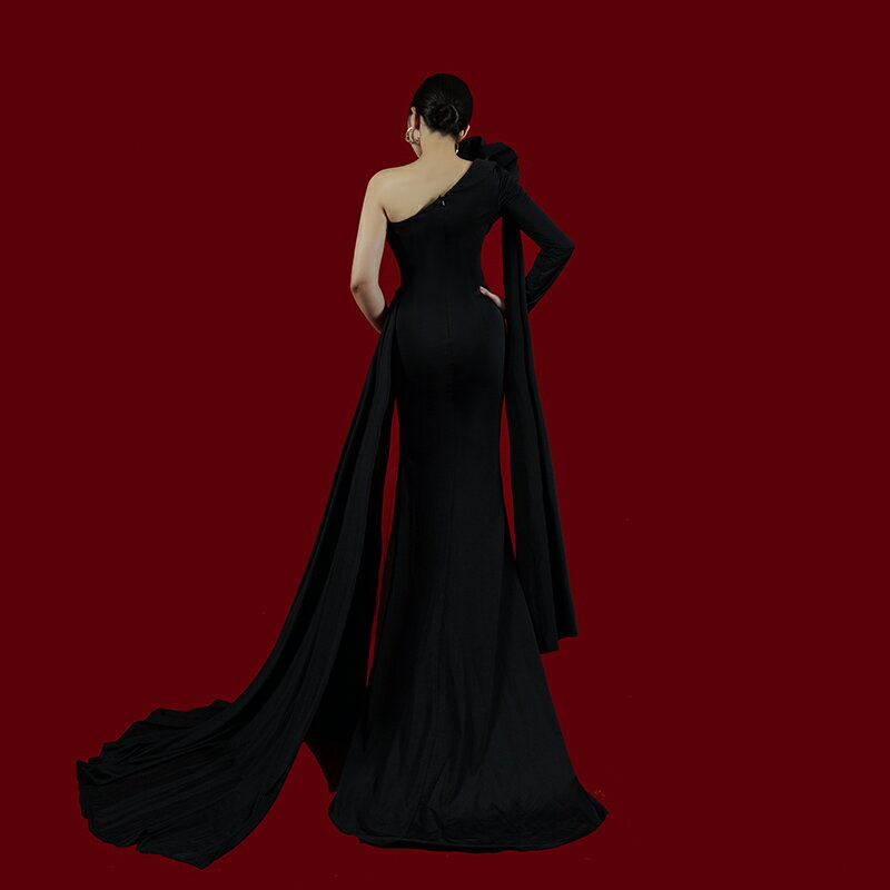 カラードレス ファスナー パーティードレス ブラック ワンショルダー 長袖 スリット トレーン フォーマル ロングドレス マーメイドドレス 発表会 ステージドレス ゲストドレス ブライダル ウエディングドレス イブニングドレス 演奏会 ノースリーブ ウェディングドレス