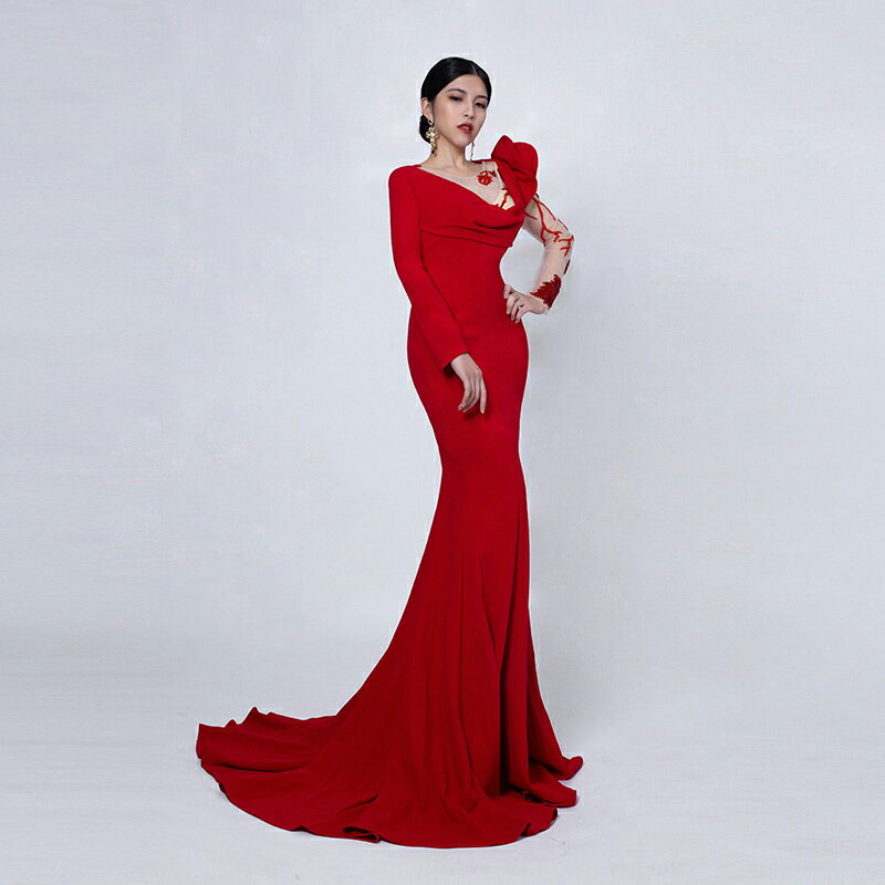 カラードレス ファスナー パーティードレス レッド 長袖 舞台 フォーマルドレス ロングドレス マーメイドドレス 結婚式 二次会 発表会 花嫁 ウェディングドレス ゲストドレス ブライダル ウエディングドレス イブニングドレス 演奏会 披露宴 マーメイドラインドレス