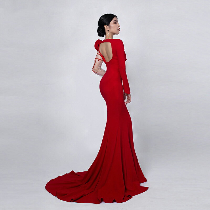 カラードレス ファスナー パーティードレス レッド 長袖 舞台 フォーマルドレス ロングドレス マーメイドドレス 結婚式 二次会 発表会 花嫁 ウェディングドレス ゲストドレス ブライダル ウエディングドレス イブニングドレス 演奏会 披露宴 マーメイドラインドレス