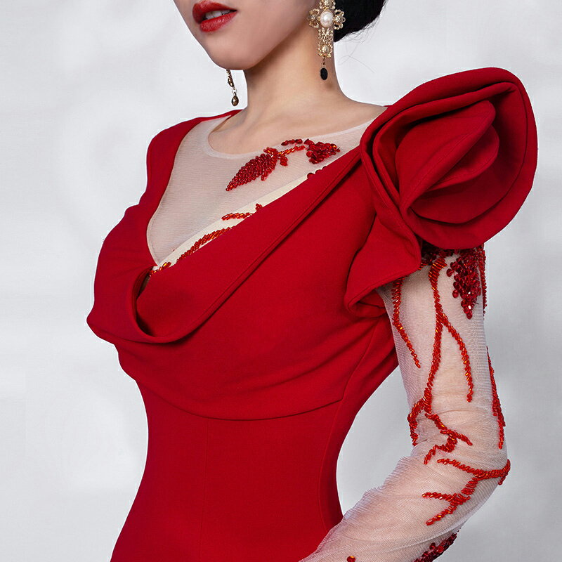 カラードレス ファスナー パーティードレス レッド 長袖 舞台 フォーマルドレス ロングドレス マーメイドドレス 結婚式 二次会 発表会 花嫁 ウェディングドレス ゲストドレス ブライダル ウエディングドレス イブニングドレス 演奏会 披露宴 マーメイドラインドレス