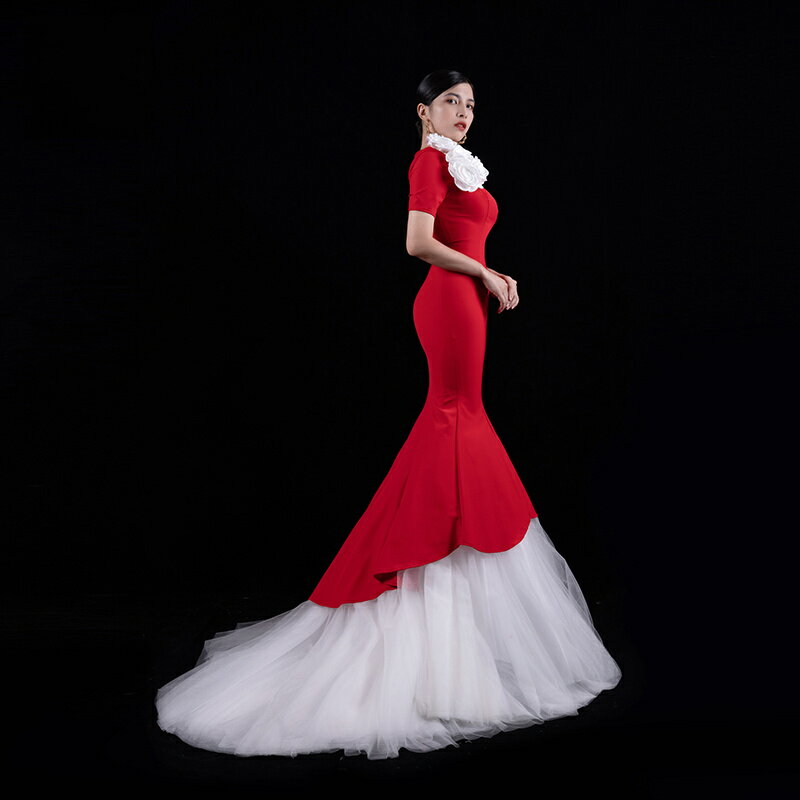 カラードレス レッド ブルー 半袖 ファスナー パーティードレス フォーマル 赤 ロングドレス マーメイドドレス 結婚式 二次会 発表会 花嫁 ウェディングドレス ゲストドレス ブライダル ウエディングドレス イブニングドレス 演奏会 披露宴 マーメイドラインドレス