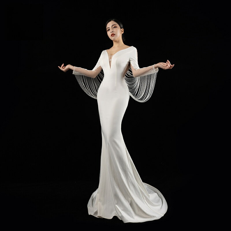 カラードレス ホワイト ビーズ ファスナー パーティードレス フォーマルドレス ロングドレス マーメイドドレス 結婚式 二次会 発表会 花嫁 ウェディングドレス ゲストドレス ブライダル ウエディングドレス イブニングドレス 演奏会 披露宴 マーメイドラインドレス