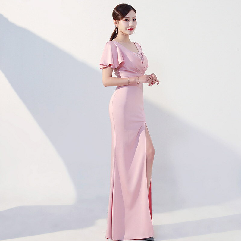 カラードレス ファスナー パーティードレス ピンク スリット フォーマル ロングドレス マーメイドドレス 結婚式 二次会 発表会 ウェディングドレス フリル袖 ゲストドレス ウエディングドレス イブニングドレス 演奏会 披露宴 花嫁 マーメイドライン キャバドレス