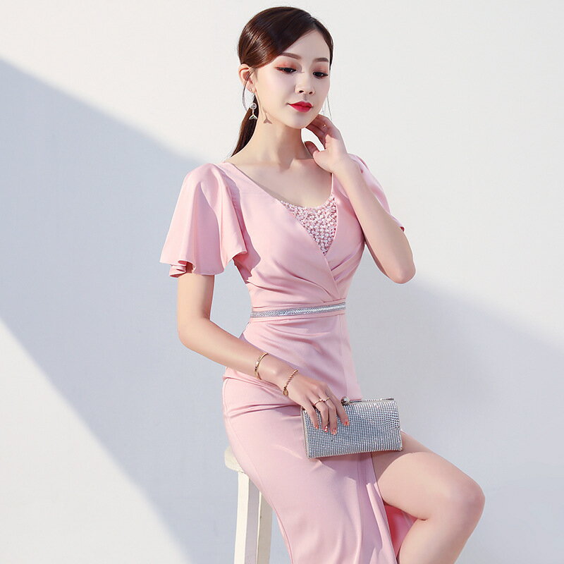 カラードレス ファスナー パーティードレス ピンク スリット フォーマル ロングドレス マーメイドドレス 結婚式 二次会 発表会 ウェディングドレス フリル袖 ゲストドレス ウエディングドレス イブニングドレス 演奏会 披露宴 花嫁 マーメイドライン キャバドレス