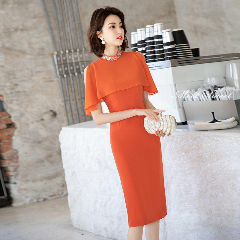 カラードレス ファスナー パーティードレス フォーマルドレス ミディアムドレス オレンジ 半袖 結婚式 二次会 披露宴 発表会 演奏会 謝恩会 食事会 同窓会 大人 ゲストドレス ウェディングドレス カクテルドレス ブライダル お呼ばれドレス セレモニー ワンピース
