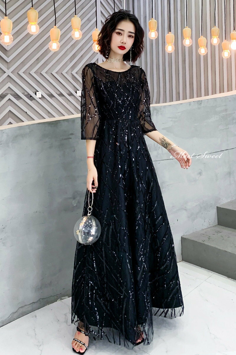 カラードレス ファスナー パーティードレス フォーマルドレス ロングドレス 結婚式 二次会 発表会 ブラック ラウンドネック スパンコール カクテルドレス 演奏会 ゲストドレス ウェディングドレス ウエディングドレス イブニングドレス 黒 大人 披露宴 Aラインドレス
