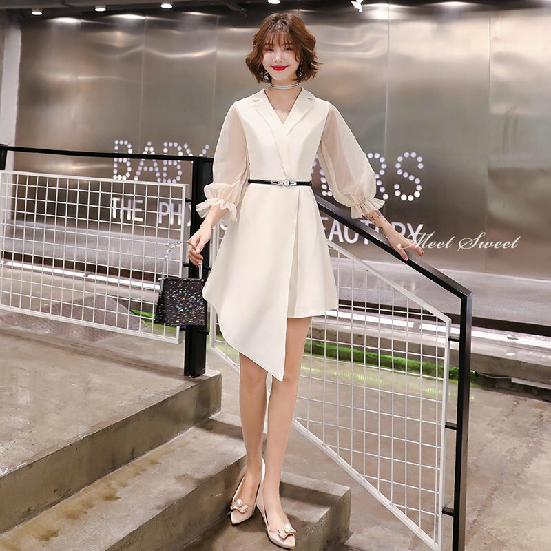 カラードレス ファスナー パーティードレス フォーマル ミディアムドレス アシンメトリー ホワイト 結婚式 二次会 披露宴 発表会 演奏会 謝恩会 長袖 Vネック ゲストドレス ウェディングドレス カクテルドレス ブライダル お呼ばれドレス セレモニー ワンピース