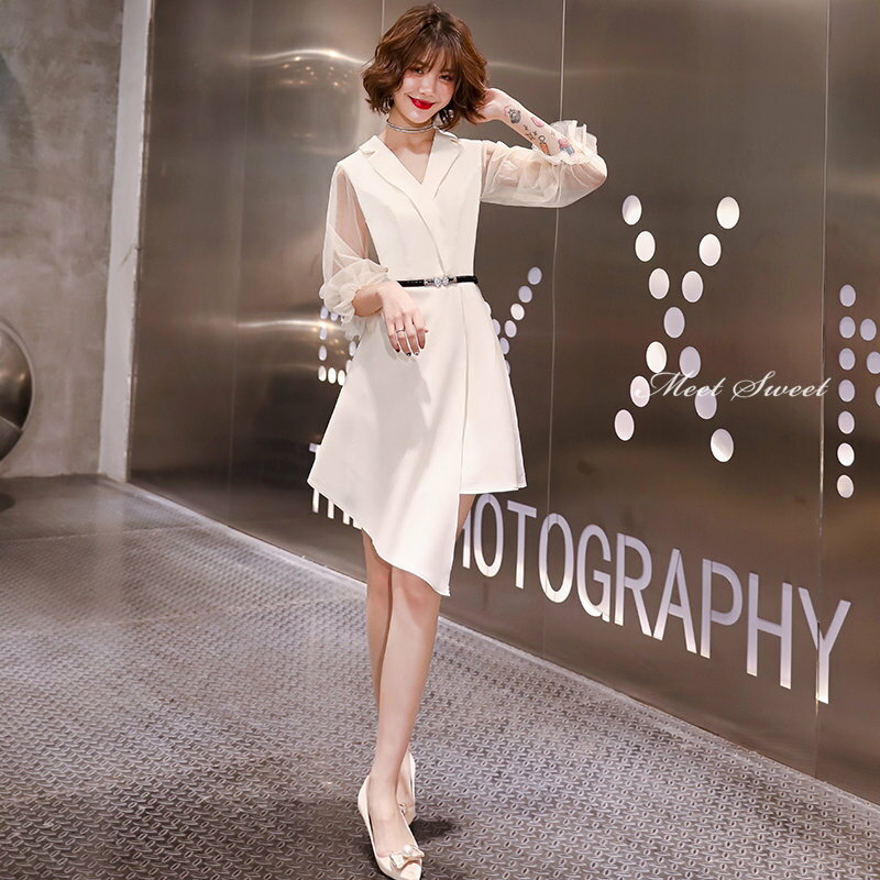 カラードレス ファスナー パーティードレス フォーマル ミディアムドレス アシンメトリー ホワイト 結婚式 二次会 披露宴 発表会 演奏会 謝恩会 長袖 Vネック ゲストドレス ウェディングドレス カクテルドレス ブライダル お呼ばれドレス セレモニー ワンピース