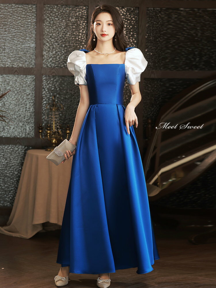 カラードレス 編み上げ ロイヤルブルー ワインレッド パーティードレス フォーマルドレス ロングドレス パフスリーブ 結婚式 二次会 発表会 サテン コンサート ゲストドレス ウェディングドレス ウエディングドレス イブニングドレス 演奏会 披露宴 Aラインドレス