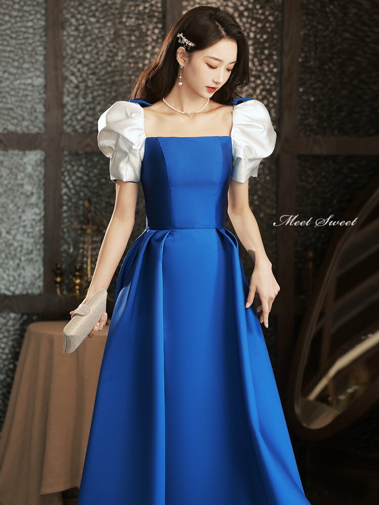 カラードレス 編み上げ ロイヤルブルー ワインレッド パーティードレス フォーマルドレス ロングドレス パフスリーブ 結婚式 二次会 発表会 サテン コンサート ゲストドレス ウェディングドレス ウエディングドレス イブニングドレス 演奏会 披露宴 Aラインドレス