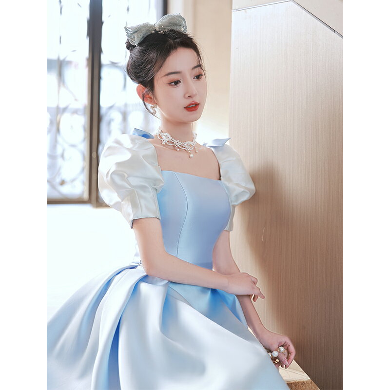 カラードレス 編み上げ パーティードレス フォーマルドレス ロングドレス パフスリーブ ベビーブルー 結婚式 二次会 発表会 演奏会 ウェディングドレス サテン ゲストドレス 花嫁 ブライダル ウエディングドレス イブニングドレス 成人式 披露宴 スレンダードレス