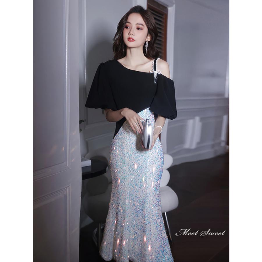 【P5倍★BLACK FRIDAY限定】カラードレス ファスナー パーティードレス フォーマルドレス ミディアムドレス 半袖 スパンコール ブラック 結婚式 二次会 披露宴 発表会 演奏会 謝恩会 同窓会 ゲストドレス ウェディングドレス カクテルドレス ブライダル お呼ばれドレス