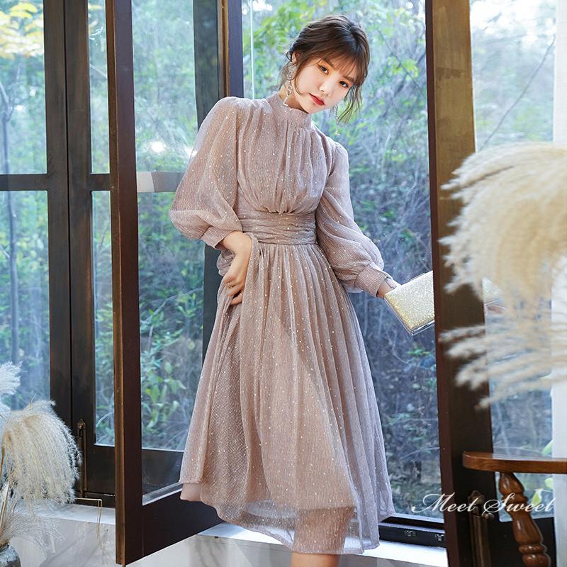 カラードレス ファスナー パーティードレス フォーマルドレス ミディアムドレス シャンパン 長袖 ハイネック 結婚式 二次会 披露宴 発表会 演奏会 謝恩会 食事会 ゲストドレス ウェディングドレス カクテルドレス ブライダル お呼ばれドレス セレモニー ワンピース