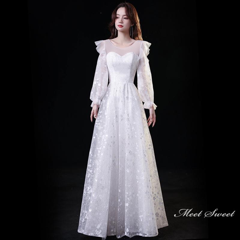 カラードレス ファスナー パーティードレス フォーマルドレス ロングドレス 結婚式 二次会 発表会 ホワイト 長袖 ウェディングドレス 花嫁 ウエディングドレス...