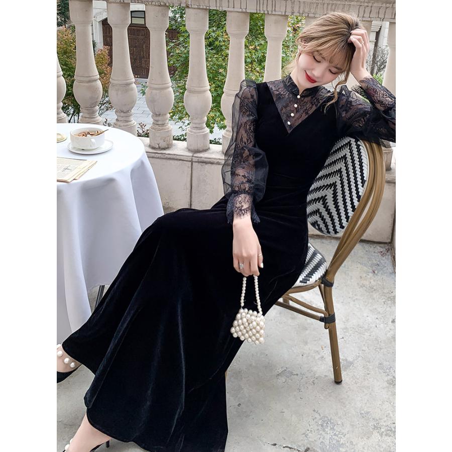 カラードレス ファスナー 長袖 ブラック ベルベット パーティードレス フォーマルドレス ロングドレス 結婚式 二次会 披露宴 発表会 演奏会 カクテルドレス 大人 ゲストドレス ウェディングドレス ブライダル お呼ばれ セレモニー 謝恩会 食事会 ウエディングドレス