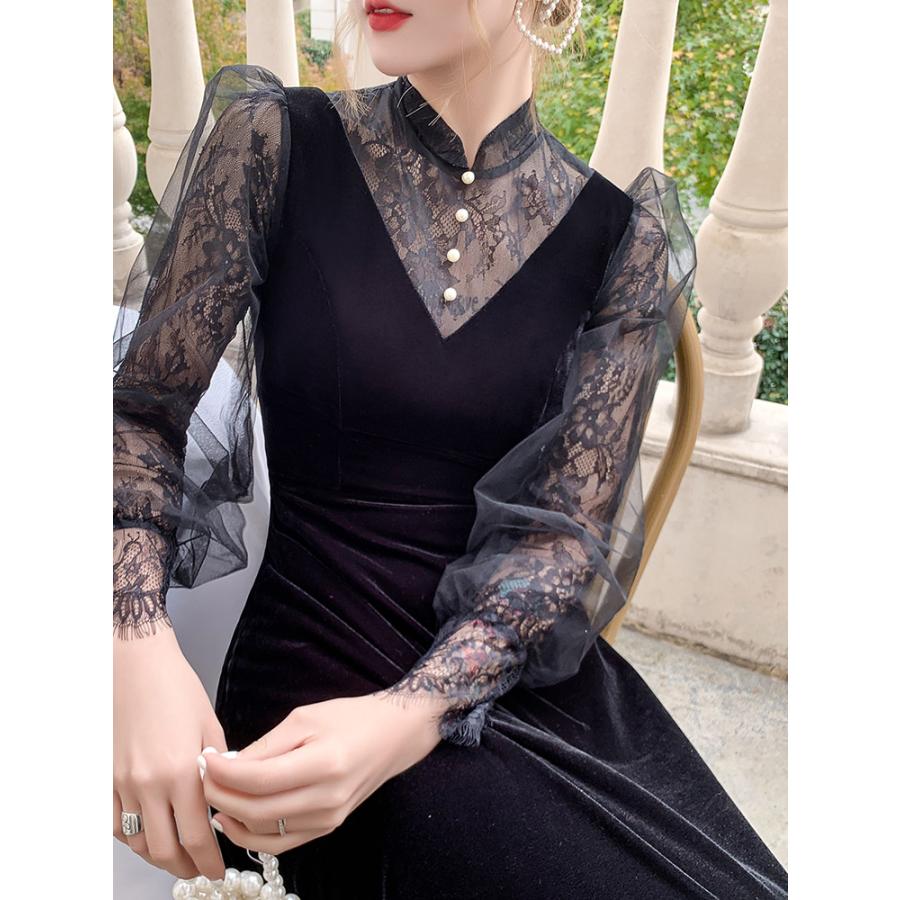 カラードレス ファスナー 長袖 ブラック ベルベット パーティードレス フォーマルドレス ロングドレス 結婚式 二次会 披露宴 発表会 演奏会 カクテルドレス 大人 ゲストドレス ウェディングドレス ブライダル お呼ばれ セレモニー 謝恩会 食事会 ウエディングドレス