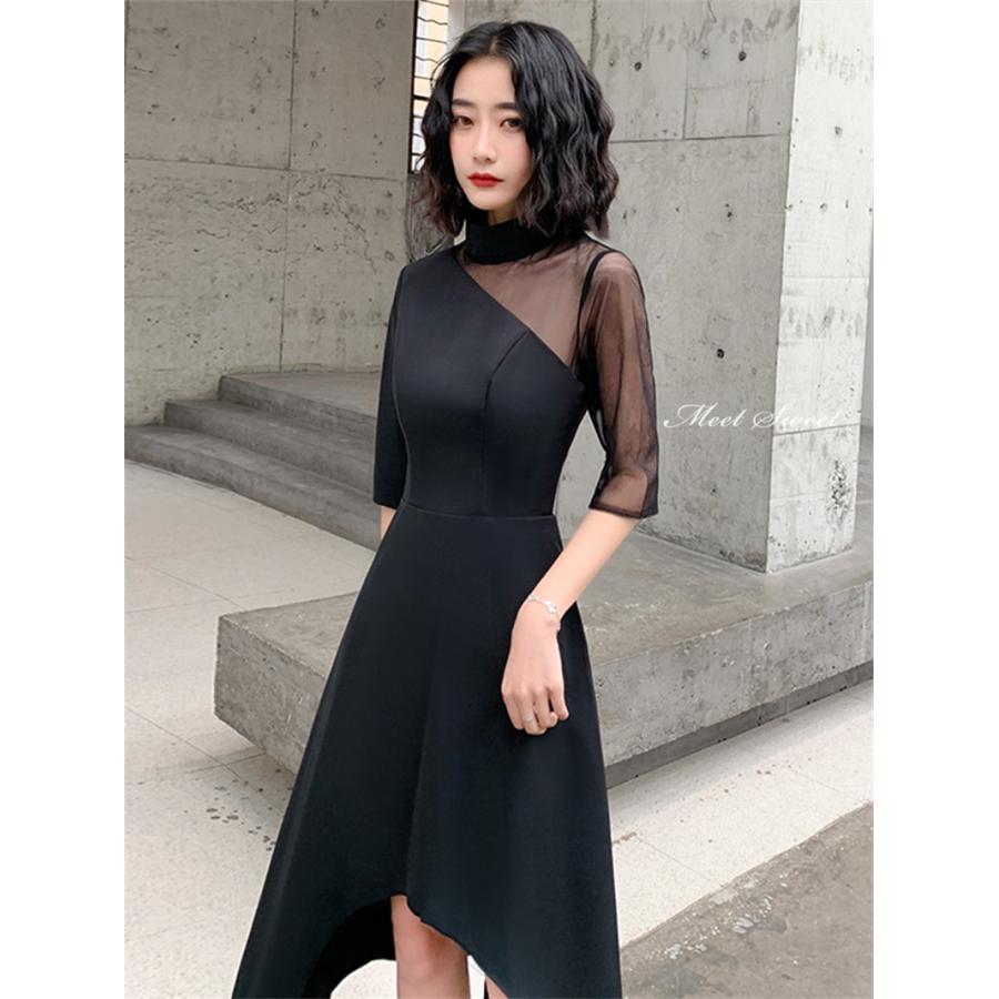 カラードレス ファスナー ブラック アシンメトリー パーティードレス フォーマル 結婚式 二次会 披露宴 発表会 演奏会 ミディアム ハイネック 黒 他と被らない ゲストドレス ウエディングドレス 謝恩会 食事会 同窓会 カクテルドレス ブライダル 大人 大きいサイズ