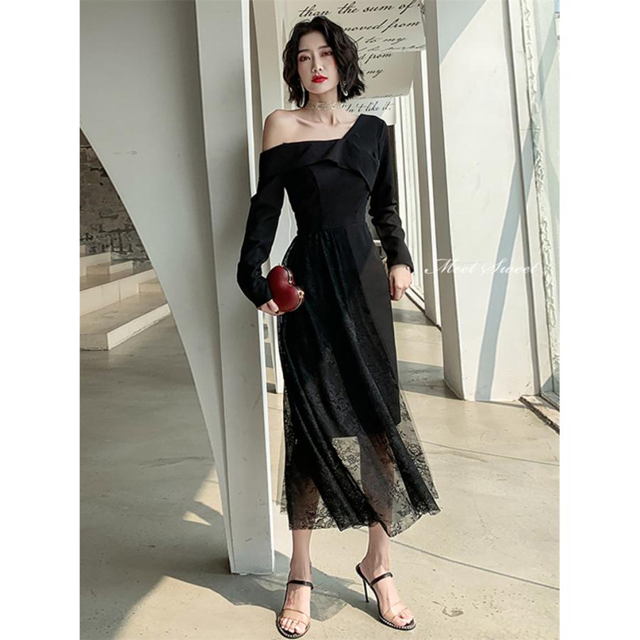 カラードレス ファスナー パーティードレス フォーマル ミモレドレス 結婚式 二次会 披露宴 発表会 演奏会 長袖 サテン ブラック カクテルドレス アシンメトリー ゲストドレス ウエディングドレス 謝恩会 食事会 同窓会 フリル 個性 お洒落 ブライダル 大人 大きいサイズ