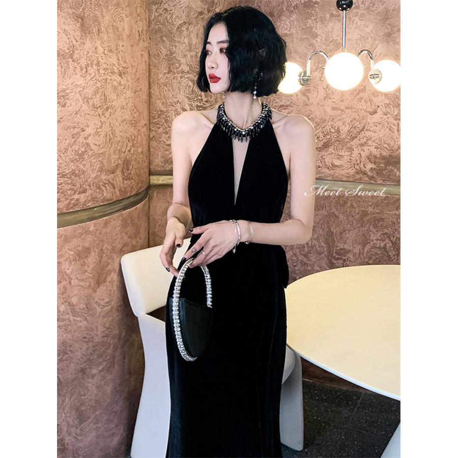 カラードレス ファスナー ブラック ホルターネック ベルベット パーティードレス フォーマル ロングドレス 結婚式 二次会 演出 発表会 演奏会 スレンダードレス ゲストドレス ウエディングドレス イブニングドレス カクテルドレス 披露宴 ブライダル ウェディングドレス