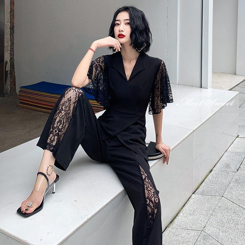 カラードレス パンツドレス ファスナー レース ブラック 半袖 パーティードレス フォーマル ロングドレス 結婚式 二次会 披露宴 発表会 演奏会 イブニングドレス ゲストドレス ウエディングドレス 謝恩会 食事会 同窓会 カクテルドレス ブライダル 大人 大きいサイズ