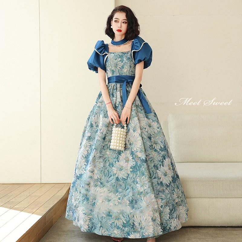 カラードレス 編み上げ ブルー 花柄 青 花嫁 パーティードレス フォーマル ロングドレス 結婚式 二次会 披露宴 発表会 演奏会 ウェディングドレス Aラインドレス ゲストドレス ウエディングドレス コンサート パフスリーブ カクテルドレス ブライダル 大きいサイズ
