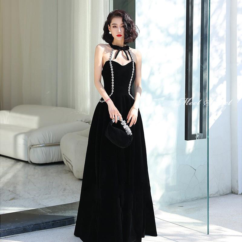 カラードレス ブラック ベルベット ホルターネック パーティードレス ロングドレス 結婚式 二次会 披露宴 発表会 演奏会 ウェディングドレス スレンダードレス ゲストドレス ウエディングドレス コンサート コンクール カクテルドレス ブライダル 黒 フォーマルドレス