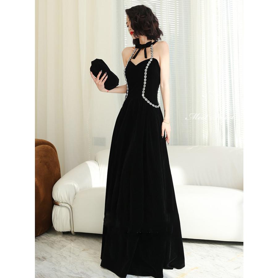 カラードレス ブラック ベルベット ホルターネック パーティードレス ロングドレス 結婚式 二次会 披露宴 発表会 演奏会 ウェディングドレス スレンダードレス ゲストドレス ウエディングドレス コンサート コンクール カクテルドレス ブライダル 黒 フォーマルドレス