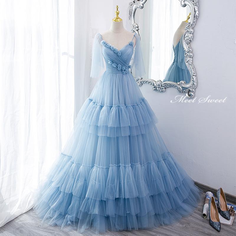 カラードレス 編み上げ ティアード ブルー 袖なし ロングドレス 結婚式 二次会 発表会 演奏会 ウェディングドレス ウエディングドレス プリンセスラインドレス イブニングドレス コンサート コンクール カクテルドレス ブライダル 花嫁 披露宴 プロム 大きいサイズ