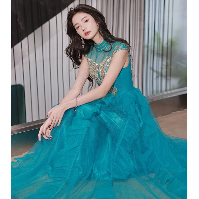 カラードレス グリーン ハイネック パーティードレス フレンチスリーブ ロングドレス 結婚式 二次会 披露宴 発表会 演奏会 ウェディングドレス スレンダードレス ゲストドレス ウエディングドレス コンサート コンクール カクテルドレス ブライダル 花嫁 大きいサイズ