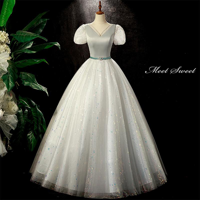 カラードレス 編み上げ 薄グリーン 半袖 ステージドレス ロングドレス 結婚式 二次会 発表会 演奏会 ウェディングドレス ウエディングドレス プリンセスドレス イブニングドレス コンサート コンクール パーティードレス ブライダル 花嫁 披露宴 プリンセスラインドレス