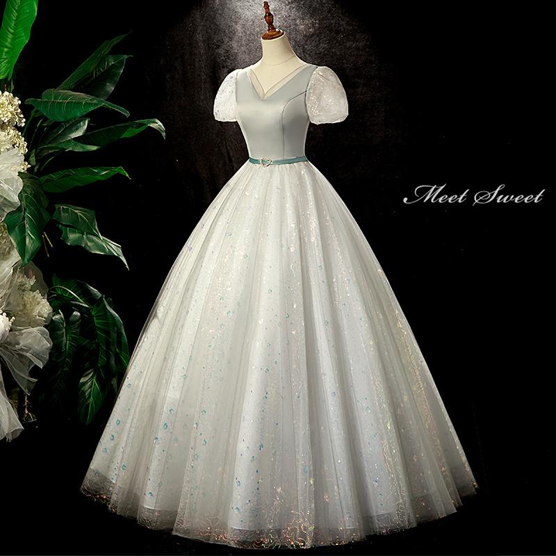 カラードレス 編み上げ 薄グリーン 半袖 ステージドレス ロングドレス 結婚式 二次会 発表会 演奏会 ウェディングドレス ウエディングドレス プリンセスドレス イブニングドレス コンサート コンクール パーティードレス ブライダル 花嫁 披露宴 プリンセスラインドレス