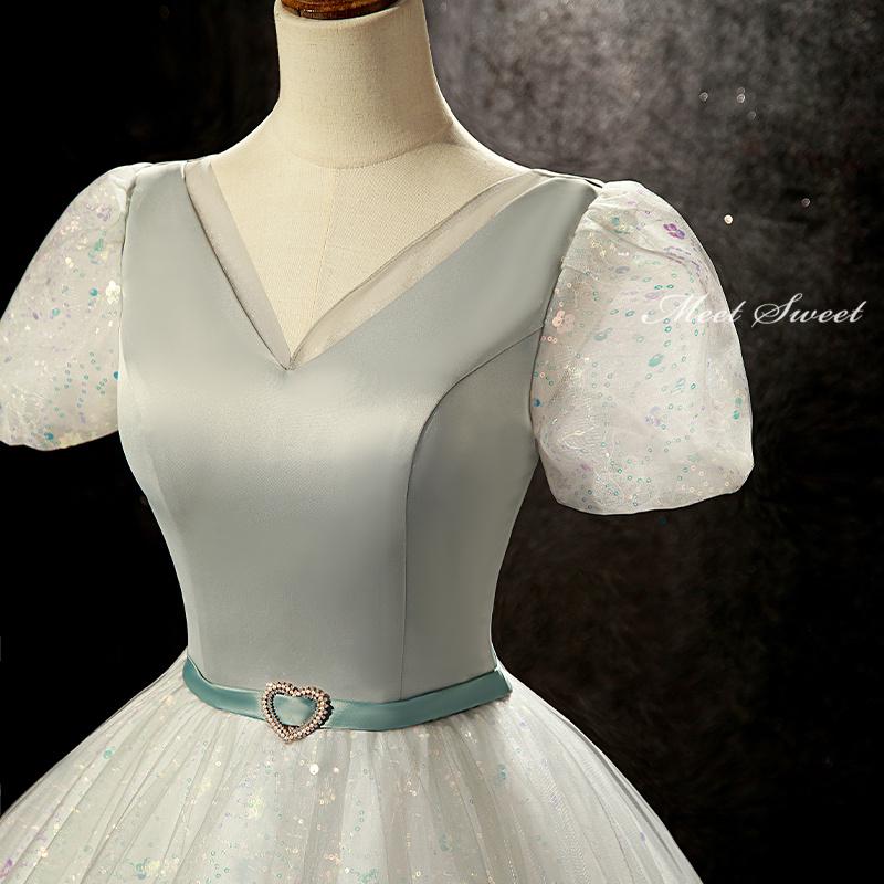 カラードレス 編み上げ 薄グリーン 半袖 ステージドレス ロングドレス 結婚式 二次会 発表会 演奏会 ウェディングドレス ウエディングドレス プリンセスドレス イブニングドレス コンサート コンクール パーティードレス ブライダル 花嫁 披露宴 プリンセスラインドレス